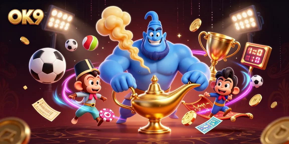 Experience thrilling bets at OK9 with a vibrant casino scene featuring energetic characters and elements.