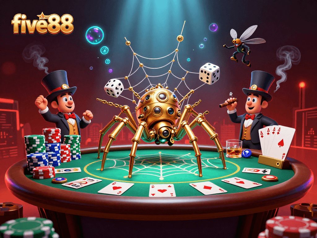 Experience the thrill of five88 casino with a lively 3D illustration of a steampunk spider and poker elements.