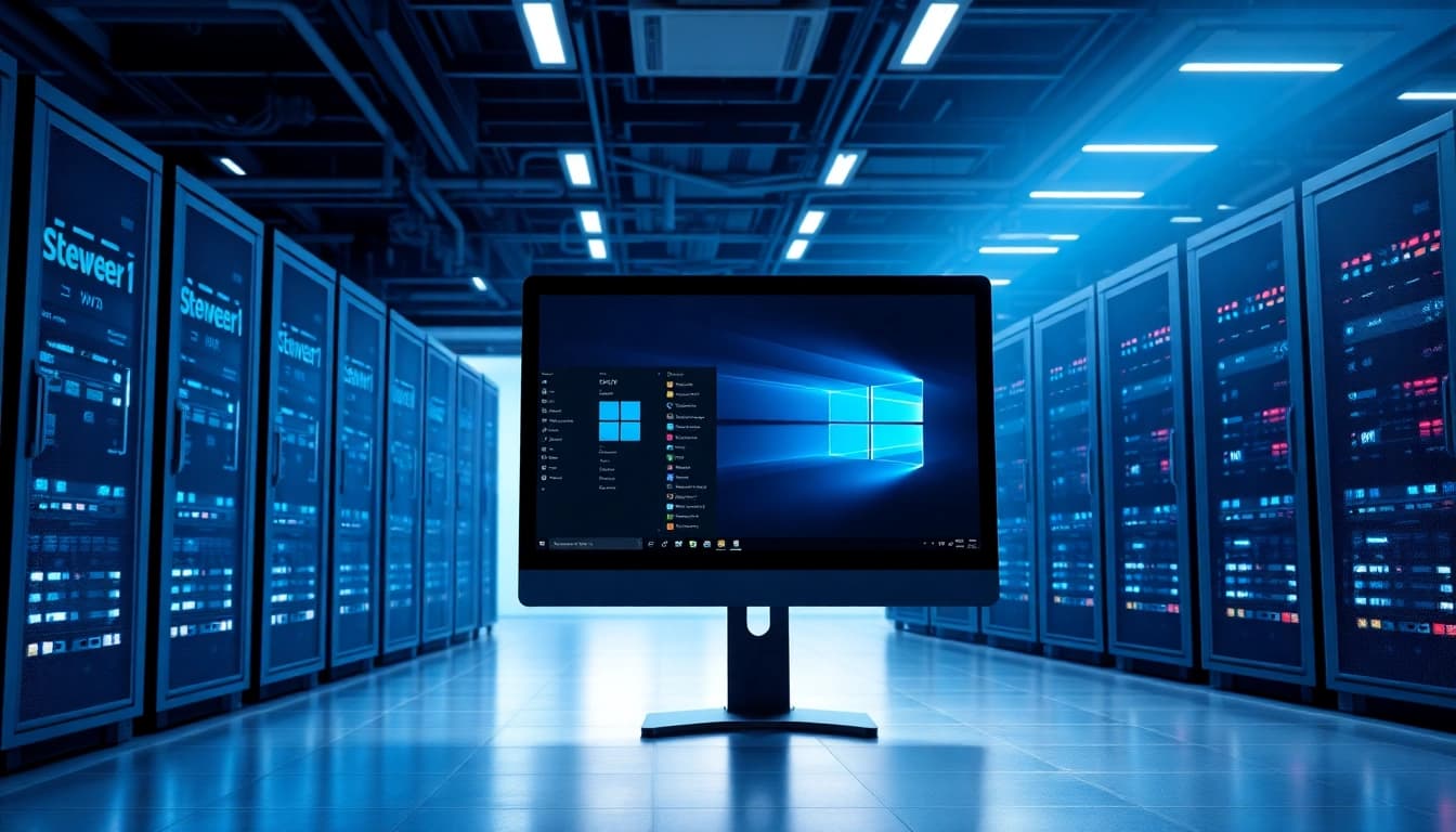 Visuelles Setup eines modernen Serverraums mit der Windows Server 2025 Produktlizenz auf dem Bildschirm, das Technologie und Effizienz verkörpert.