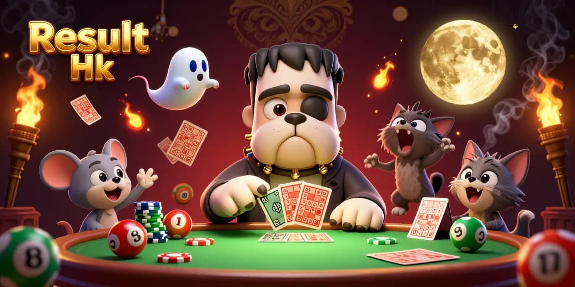 Capture the excitement of Result Hk with a lively lottery scene featuring quirky characters.