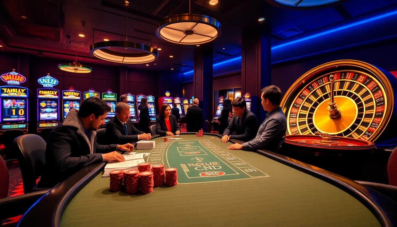 Exciting casino scene featuring betting action from https://f8bet.dental/ with poker chips and slot machines.
