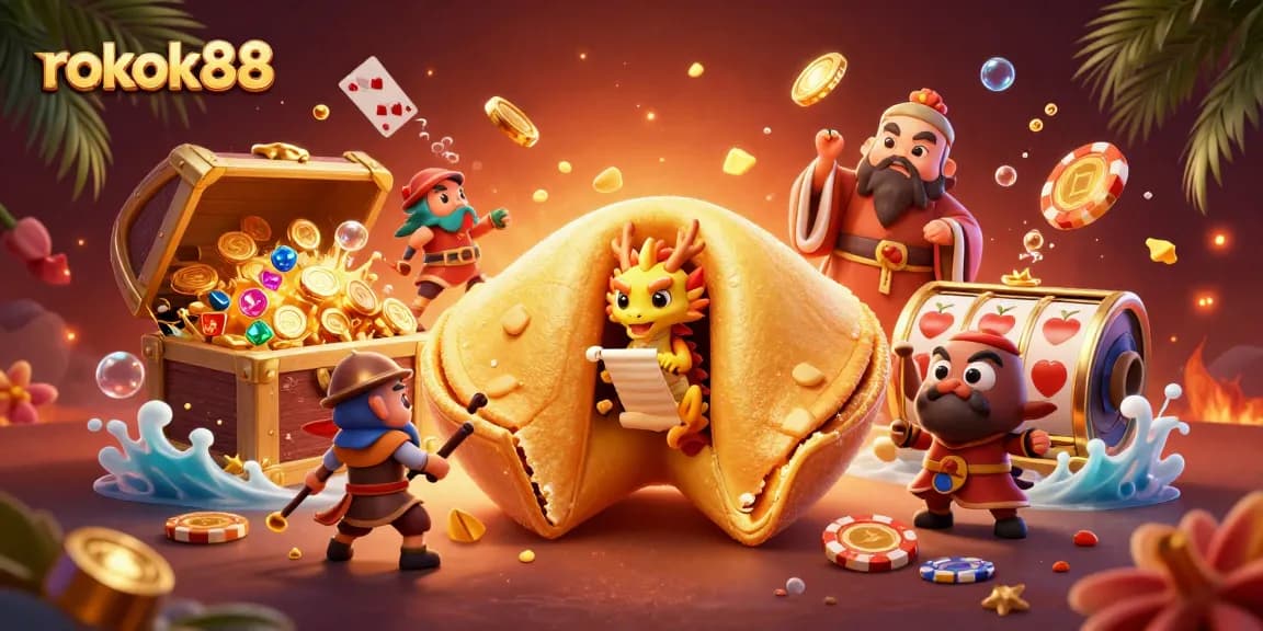 Experience thrilling gameplay at rokok88 with a golden fortune cookie guarded by chopstick warriors and dynamic casino elements.