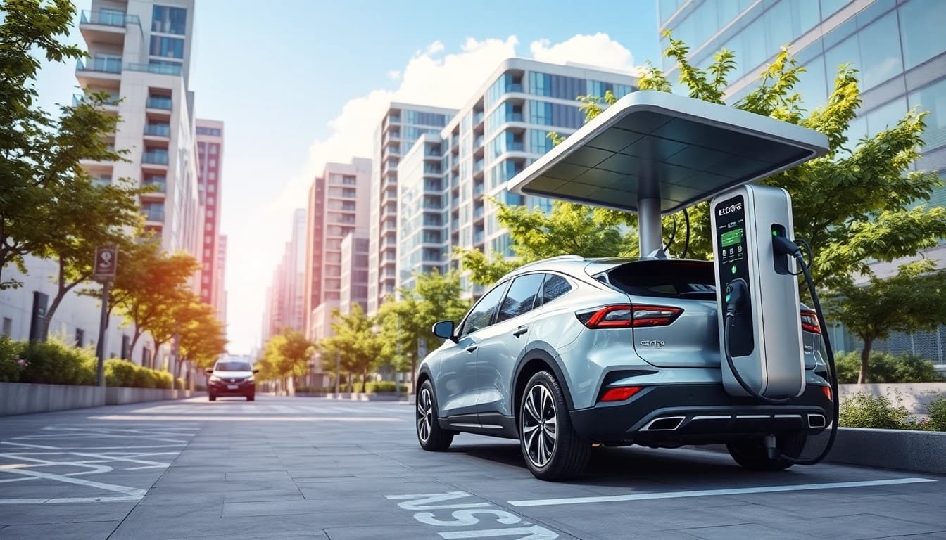 Elektroautos an einer modernen Ladestation in einer urbanen Umgebung mit nachhaltigen Technologien.