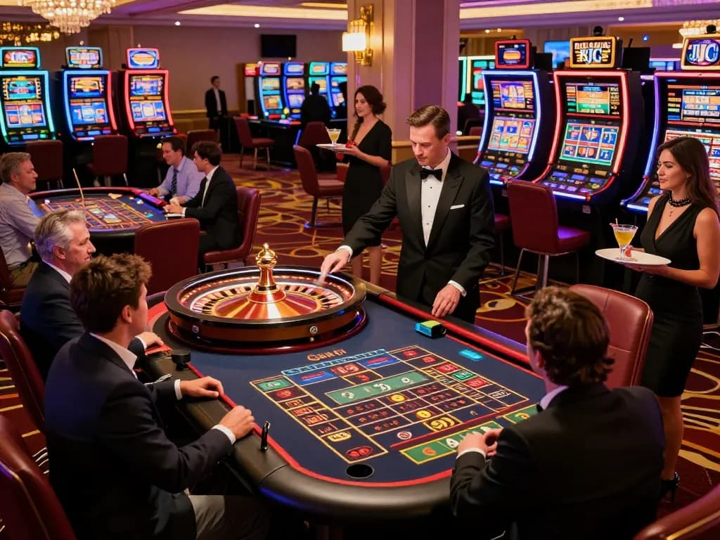KJC players eagerly placing bets at a spinning roulette table in a luxury casino setting.