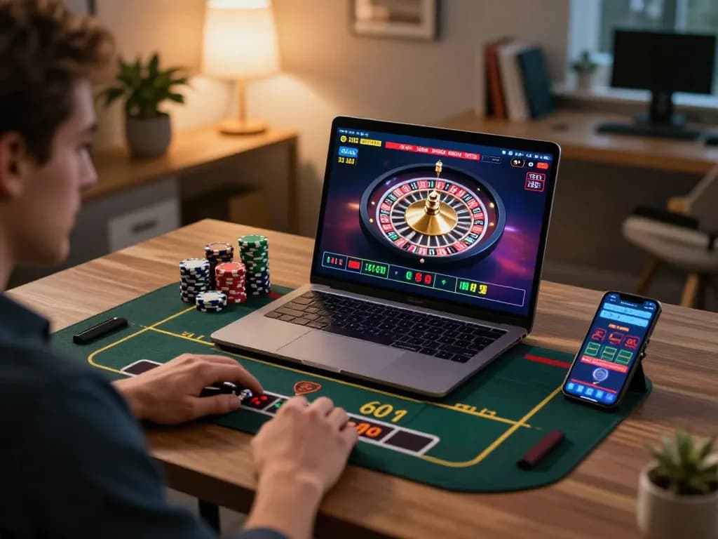 Player enjoying online roulette at home with MB66 app on laptop and smartphone.