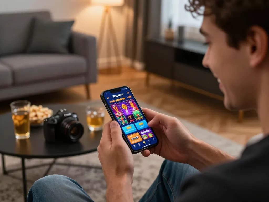 Engaged player exploring diverse games on the 79sodoe app in a cozy home gaming space.