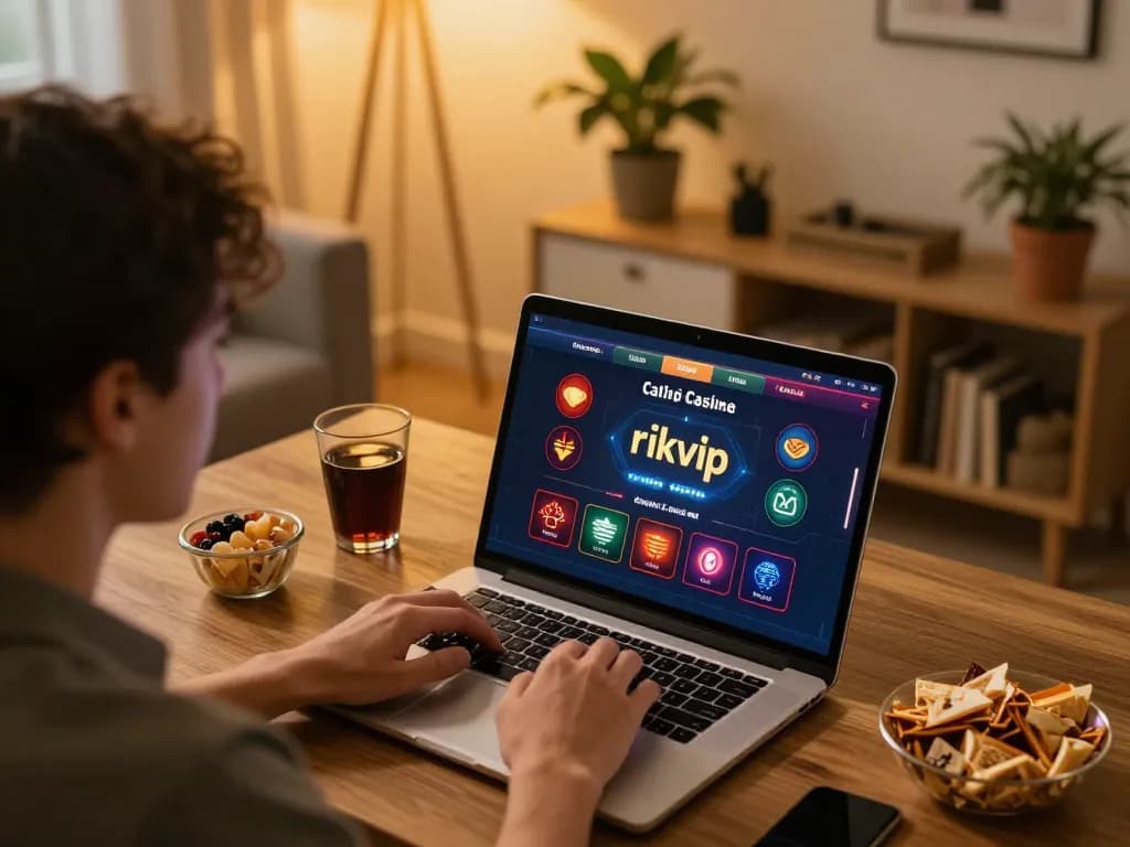 Enjoy playing on rikvip with a laptop in a cozy home setting, showcasing online gaming.