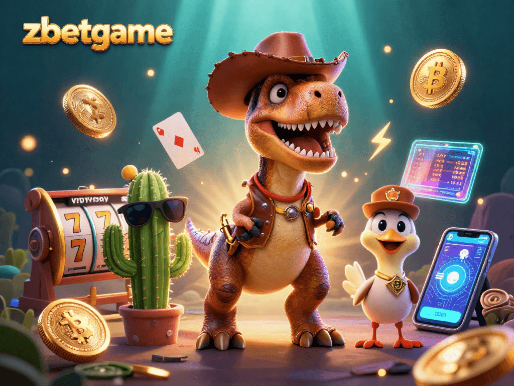 Engage in thrilling slot games at zbetgame with a dynamic 3D cartoon scene featuring casino elements.