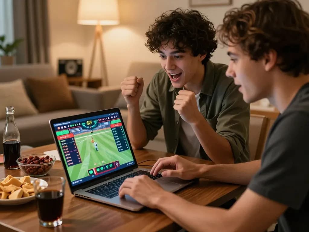 Watch friends engage in online sports betting at https://va88.uno/, analyzing live odds and cheering