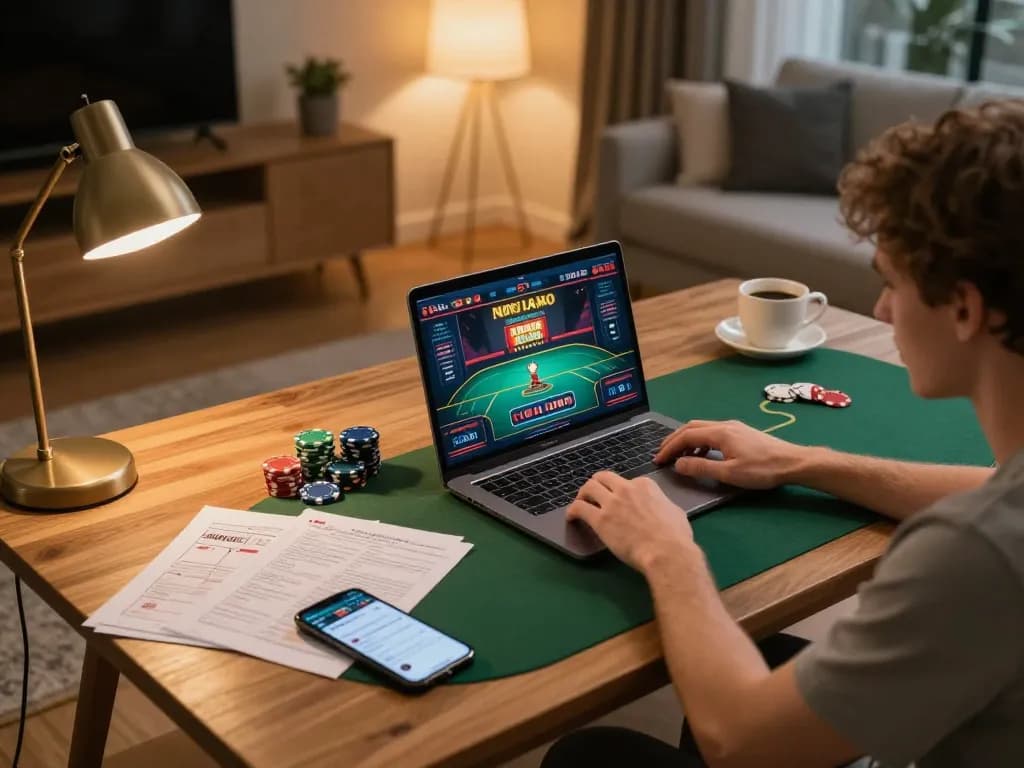 Engaged player navigating the 789 club poker game on laptop with strategy notes nearby.