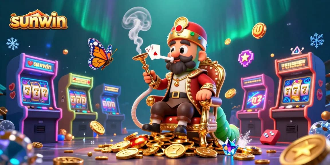 Experience vibrant gameplay in sunwin's dynamic casino landscape featuring poker symbols, golden coins, and arcade machines.