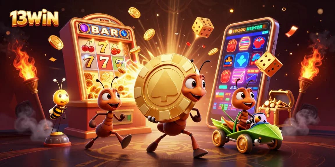 Engage in exciting gameplay at 13WIN with a dynamic 3D scene of animated adventure and casino excitement.