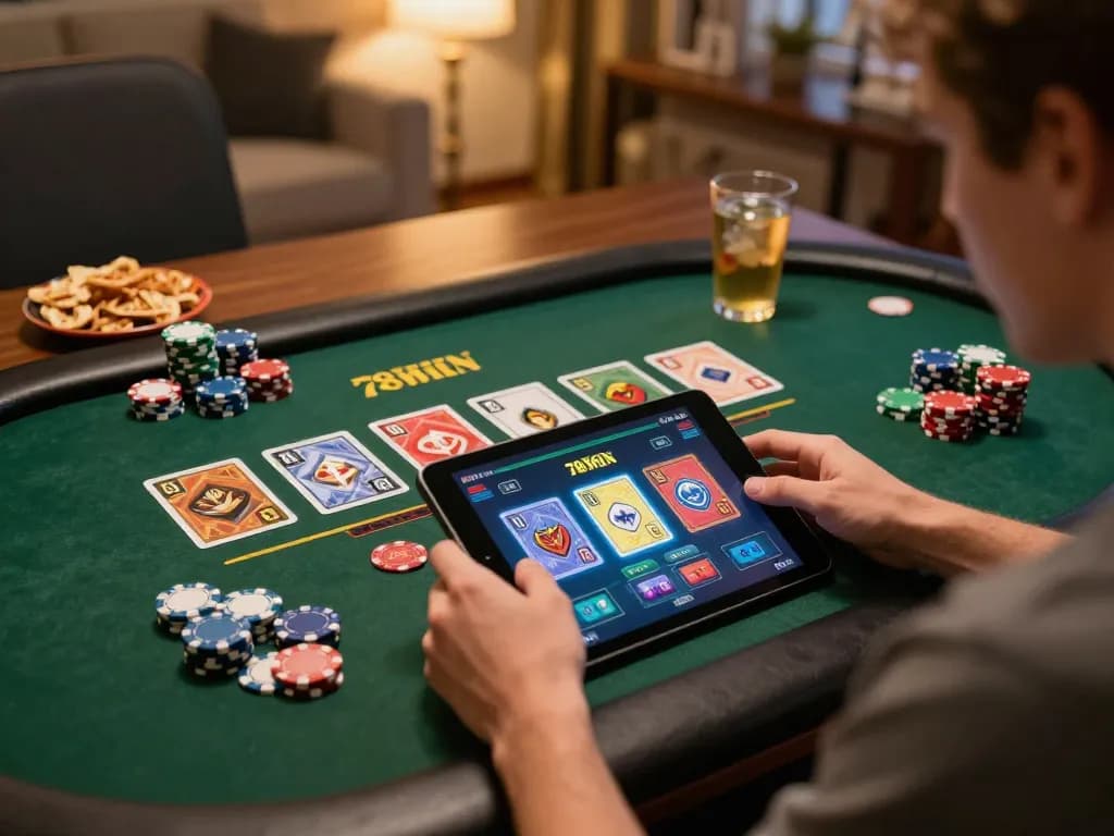 Engaged player using 78WIN app for online gaming with tablet interface, showcasing strategic betting.