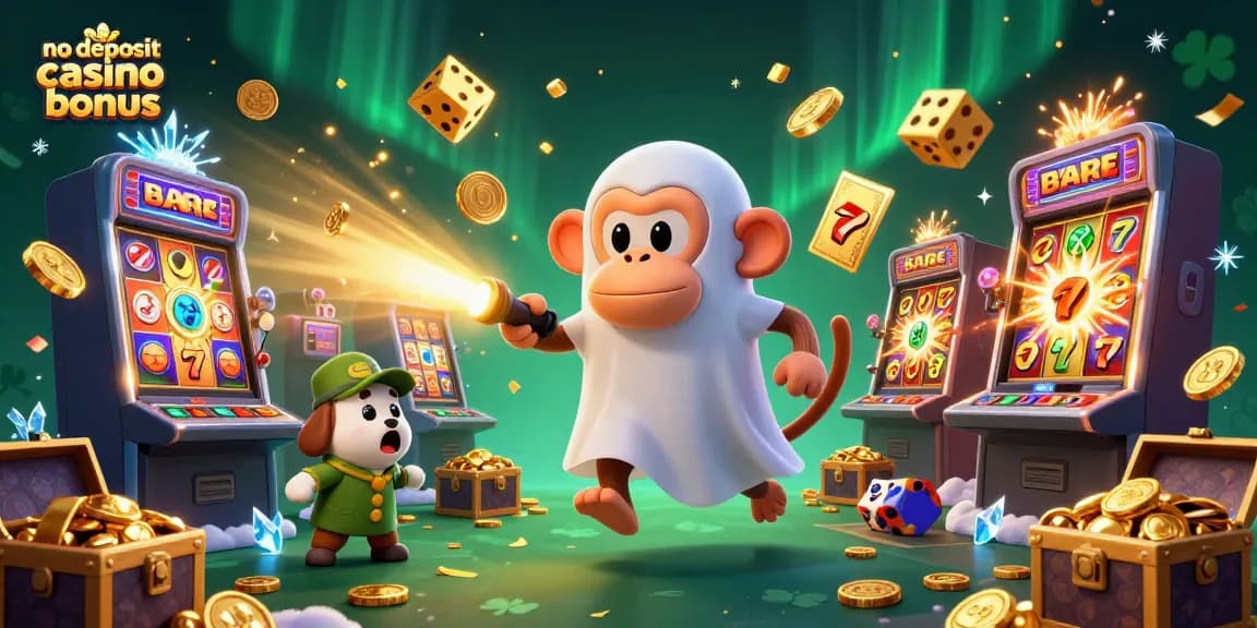 Engage with the thrilling no deposit casino bonus scene featuring a mysterious monkey and a curious puppy.