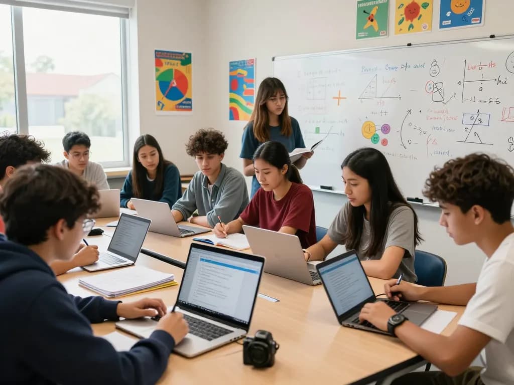 Studierende arbeiten gemeinsam an Hausaufgaben mit Hausaufgaben KI in einem hellen Klassenzimmer.