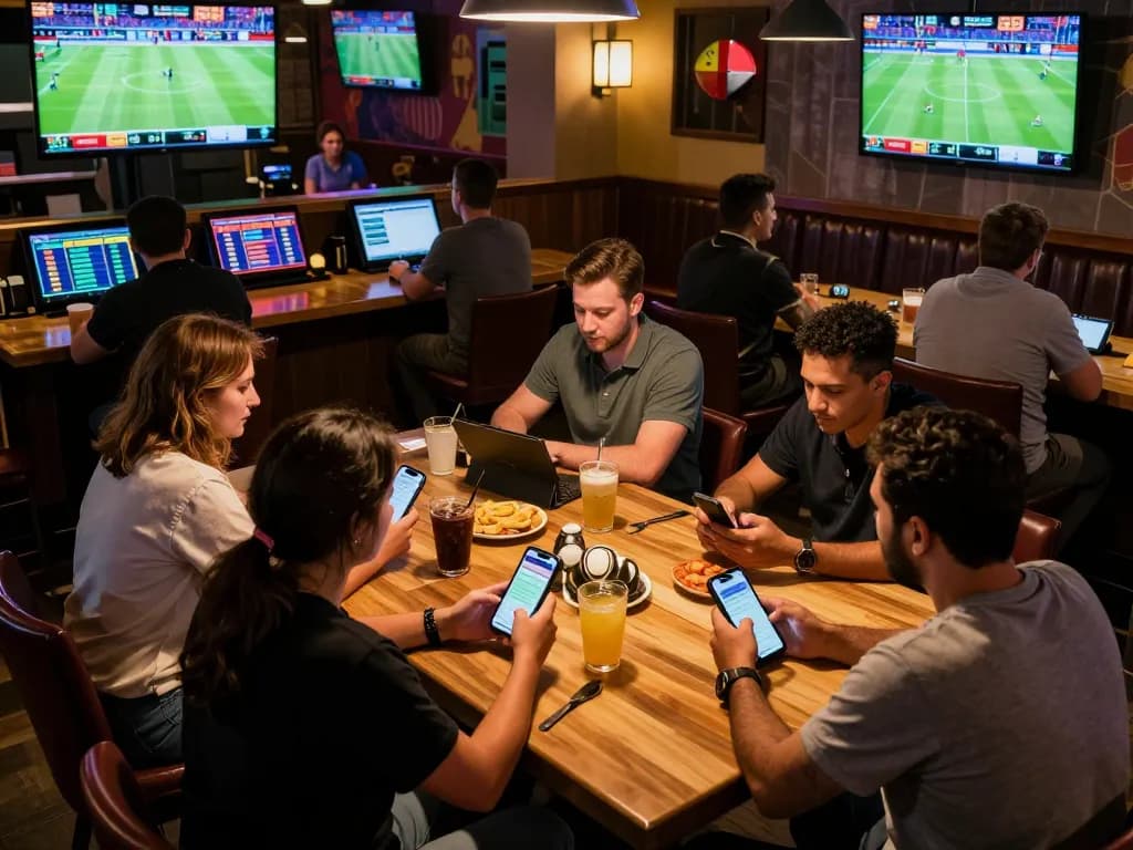 Engaging sports betting atmosphere at fabet with dynamic patrons placing bets and enjoying live games.