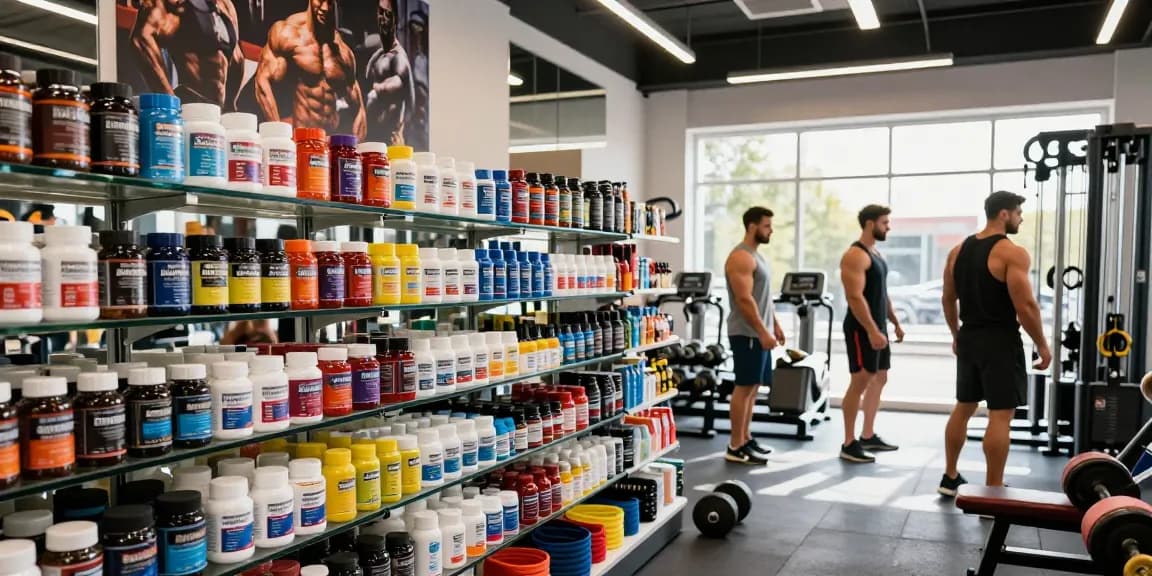 Anabolika Shop scene with bodybuilder exploring anabolic steroids in a vibrant gym environment, showcasing diverse products on display.