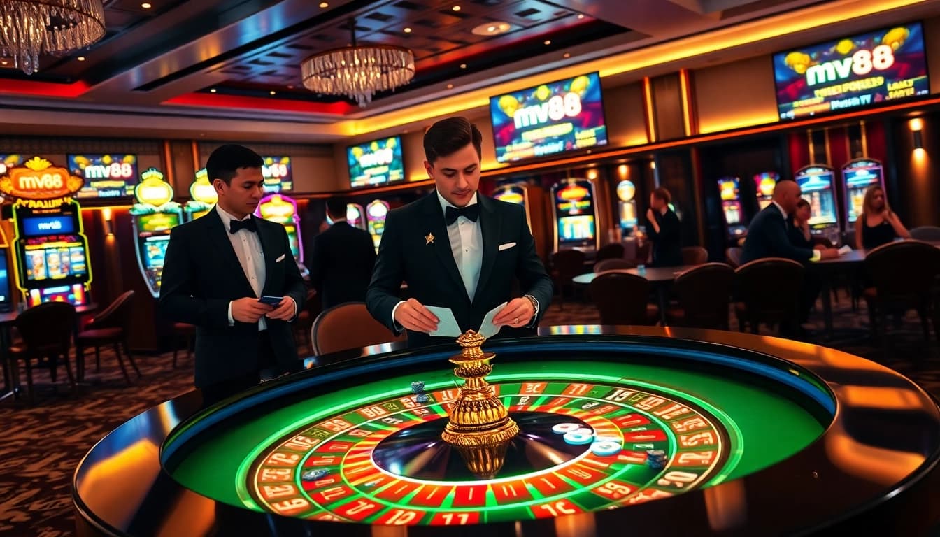 Experience the excitement of mv88 with players enjoying vibrant casino games in a luxurious setting.