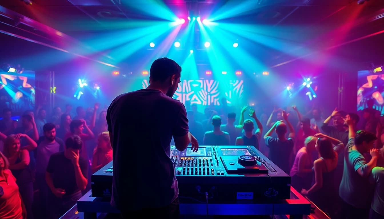 DJ in München begeistert das Publikum mit beeindruckendem Set in einer lebhaften Clubatmosphäre.