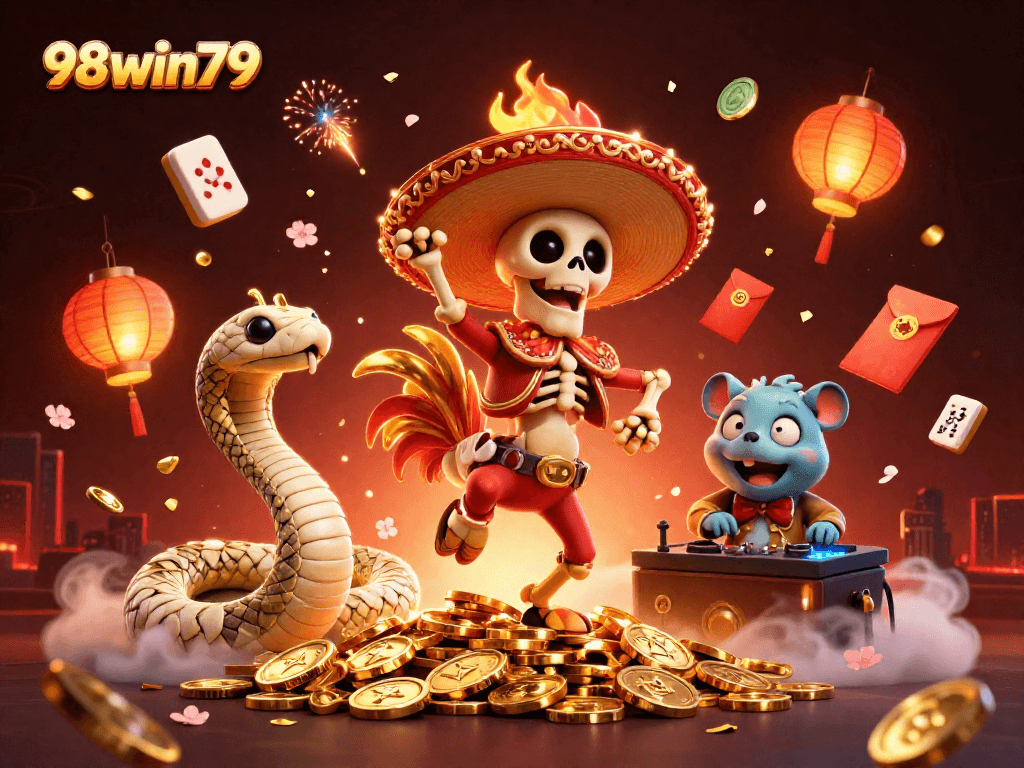 Experience the thrilling joy of 98win79 with a lively 3D casino scene featuring colorful characters and vibrant game elements.