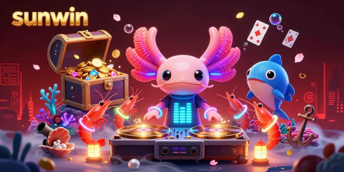 Experience the excitement of 'sunwin' at this vibrant underwater casino scene with a neon axolotl DJ.