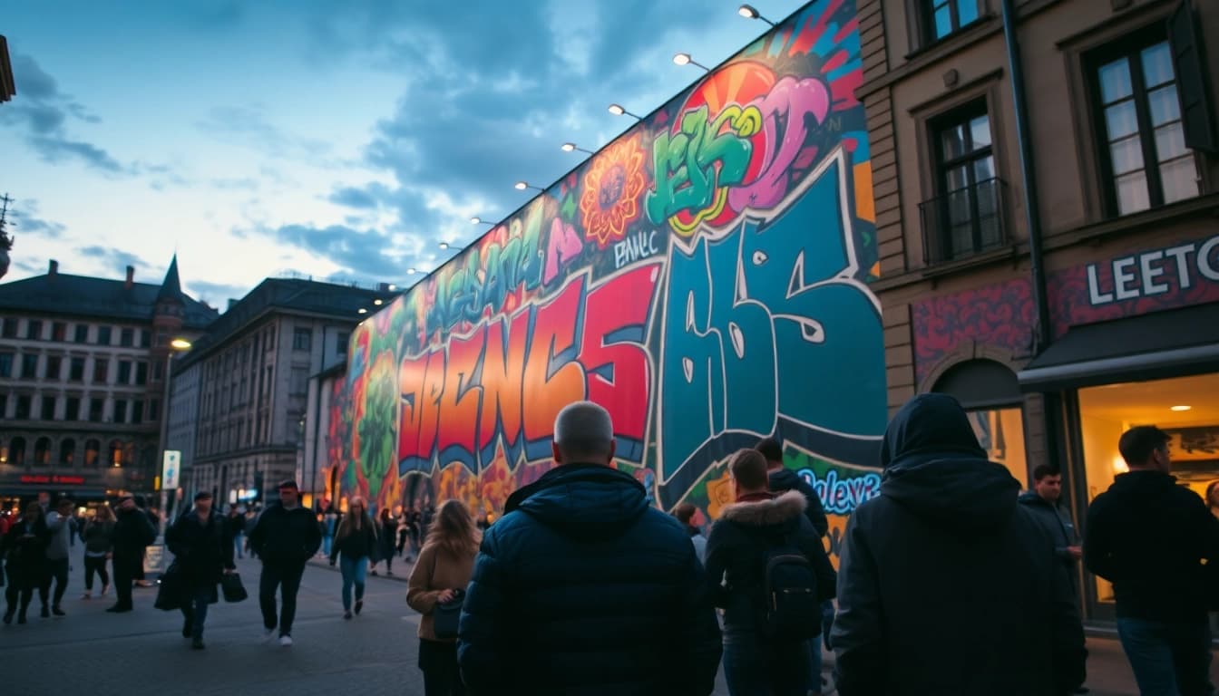 Witness stunning graffiti Leipzig art on a towering mural being admired by city visitors.