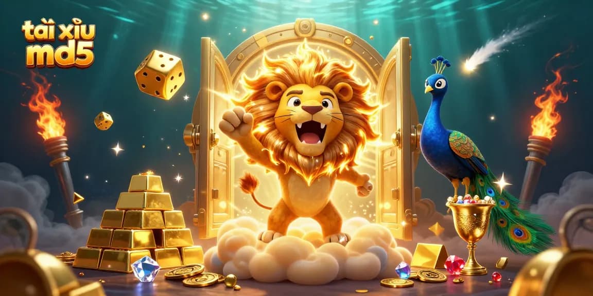 Engage with exciting gameplay in tài xỉu md5, showcasing a vibrant 3D casino scene filled with treasure and golden elements.