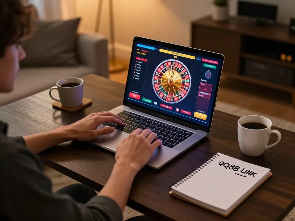 Engaging in online gaming with the qq88 link mới on a laptop and betting notes.