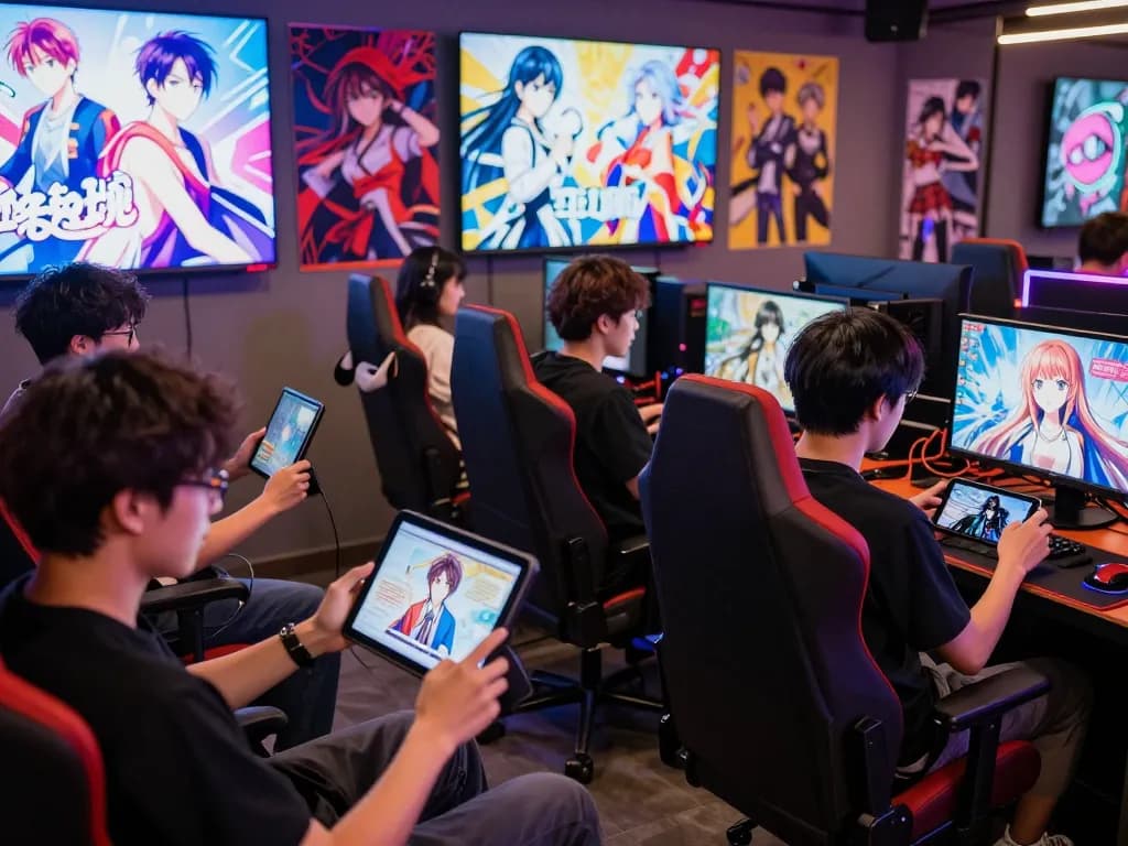 Engaged gamers exploring popular porn ganes in a vibrant adult gaming hub atmosphere.
