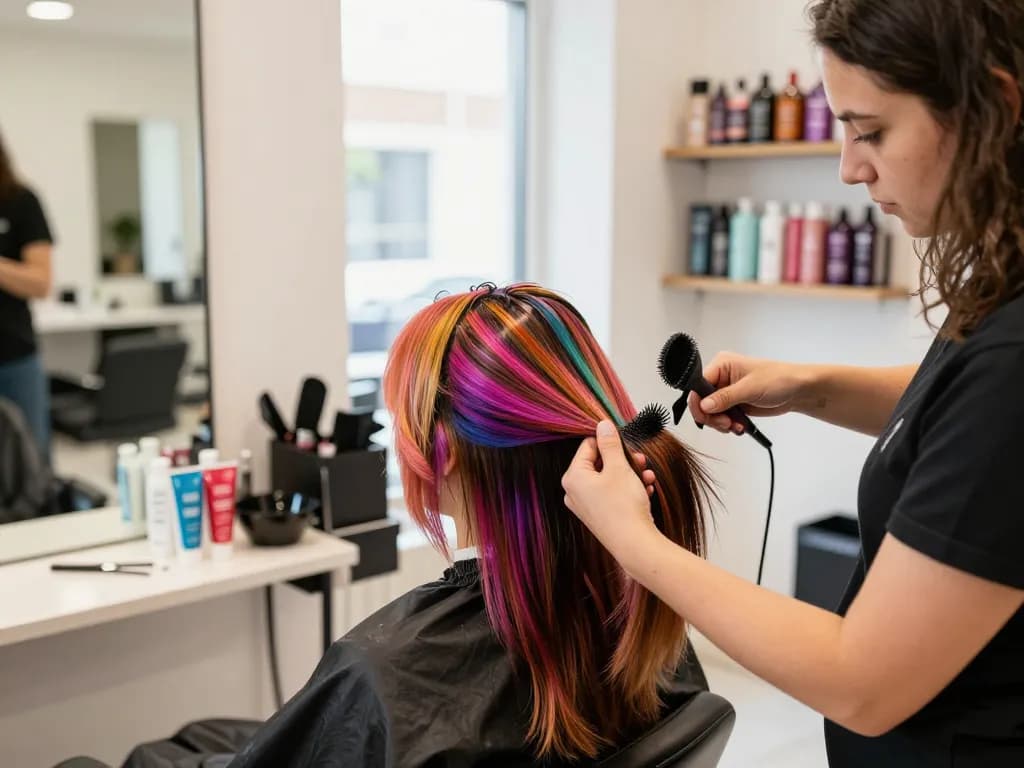 Aplicação vibrante de coloração capilar em um salão de beleza moderno