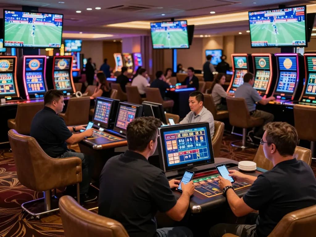 Soi kèo nhà cái in a lively sports betting lounge with patrons placing bets.