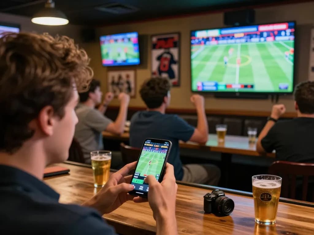 Tỷ lệ kèo nhà cái hôm nay being analyzed on a smartphone in a lively sports betting environment, capturing the excitement of live wagering.