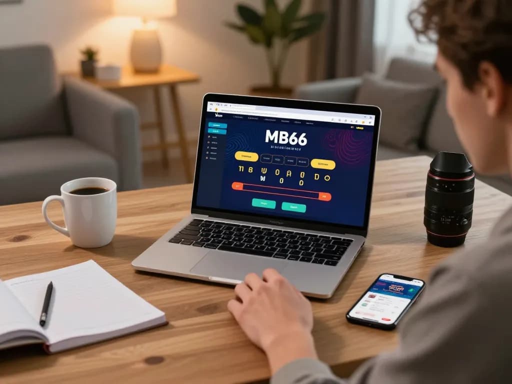 Player engages with the MB66 online casino app, showcasing strategic gameplay in a cozy home office.