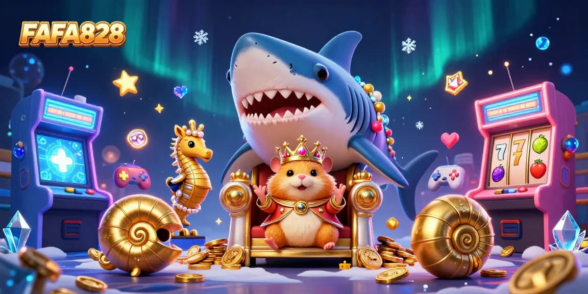 Engage with FAFA828 among gaming creatures in a vibrant 3D casino scene full of slots.