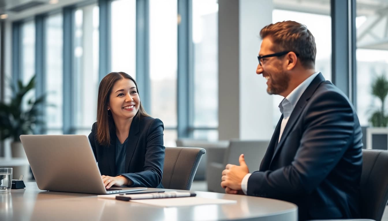 Headhunter discussing career opportunities with a candidate in a modern office.