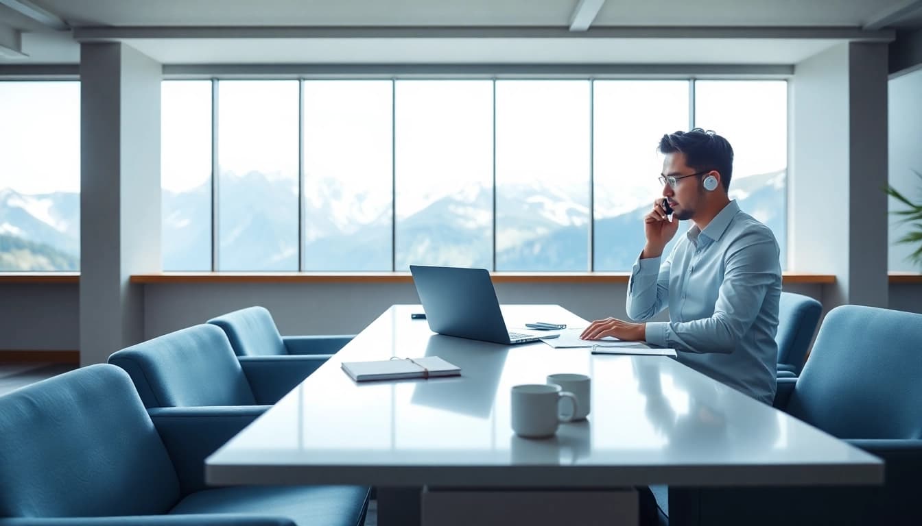 Headhunter Schweiz in einem modernen Büro, aufmerksam Lebensläufe prüfend und Anrufe tätigend.