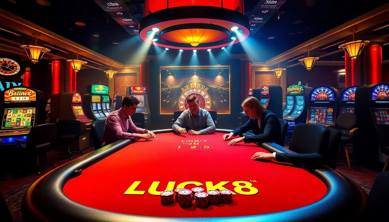 Người chơi LUCK8 đang thưởng thức một ván poker căng thẳng tại bàn casino sang trọng với trang trí sống động.