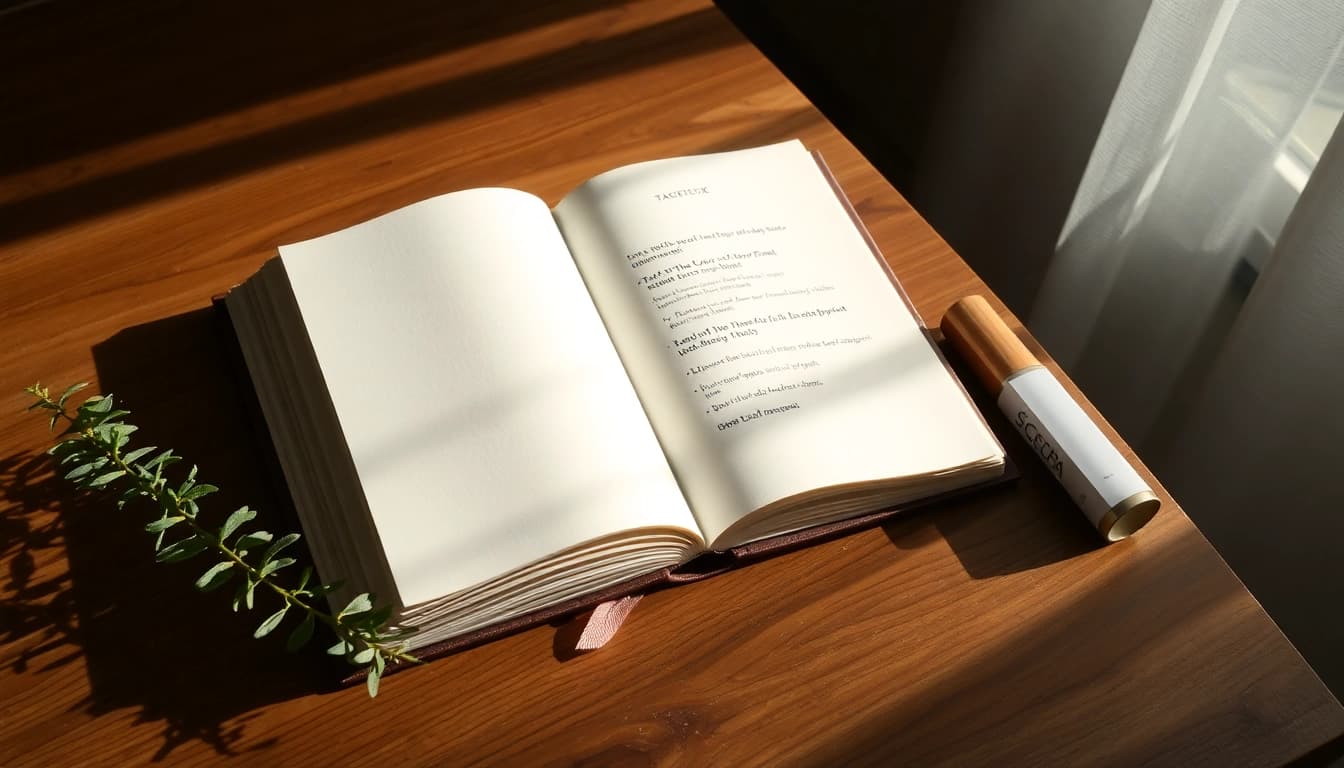 Ein offenes Journal auf einem Tisch, umgeben von einer Feder, die inspirierende Gedanken festhält.