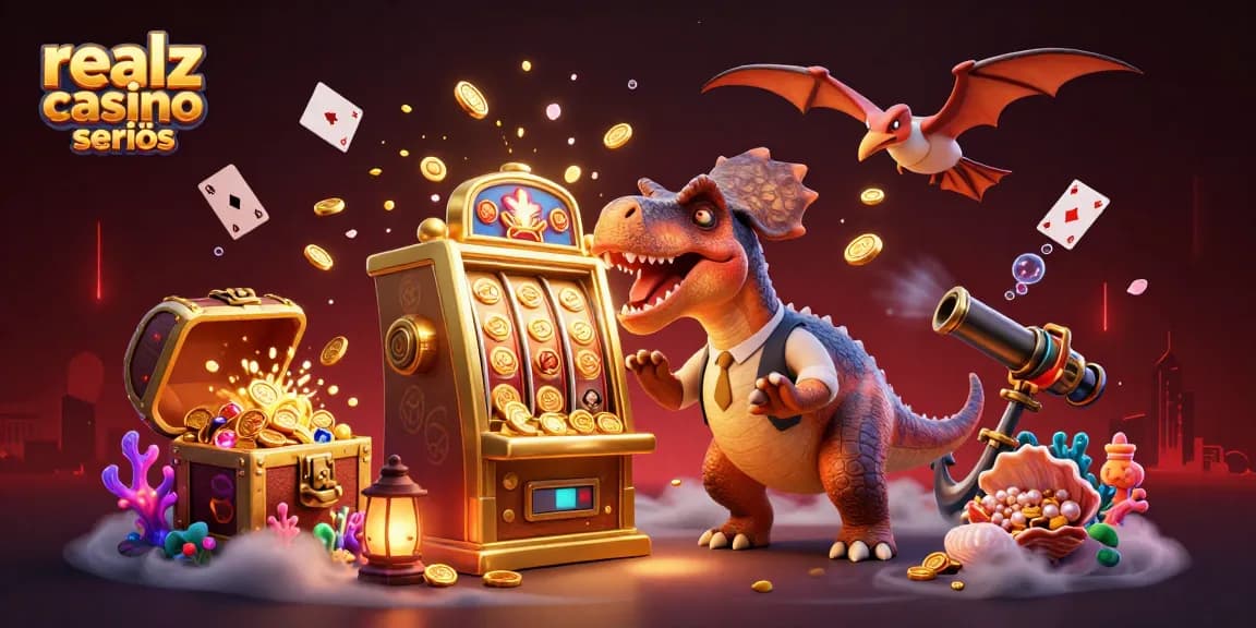 Elementi del gioco nel realz casino seriò con dinosauri e monete dorate in volo
