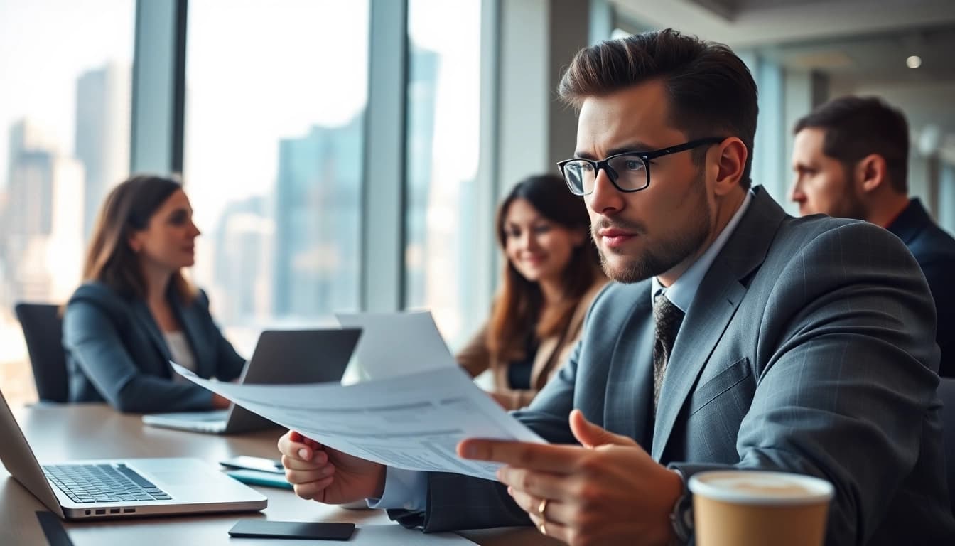 Headhunter Schweiz in a business meeting, analyzing strategies and resumes.