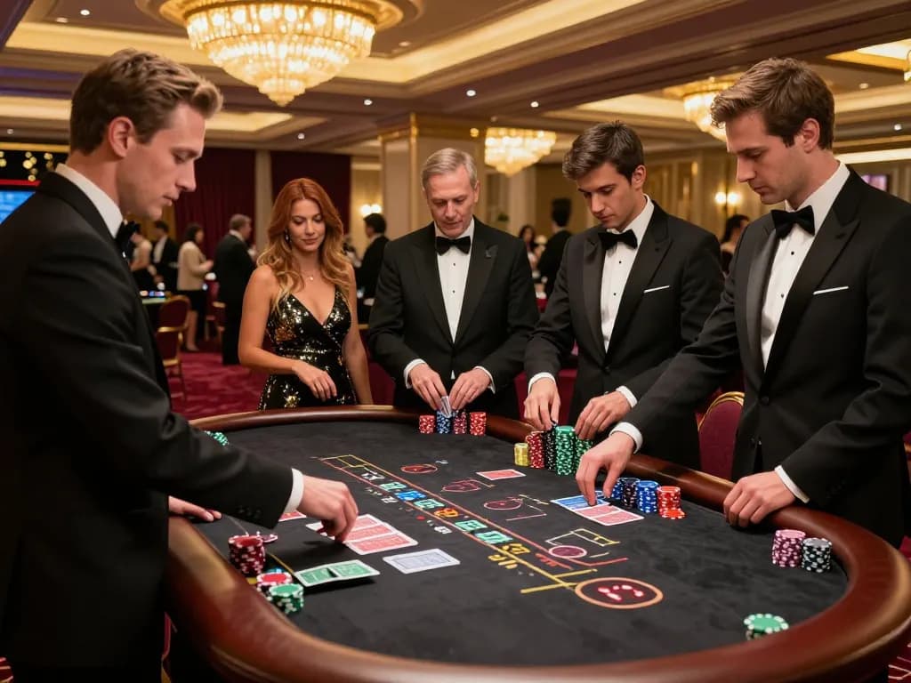 Bsport players strategizing at a glamorous blackjack table in an upscale casino setting