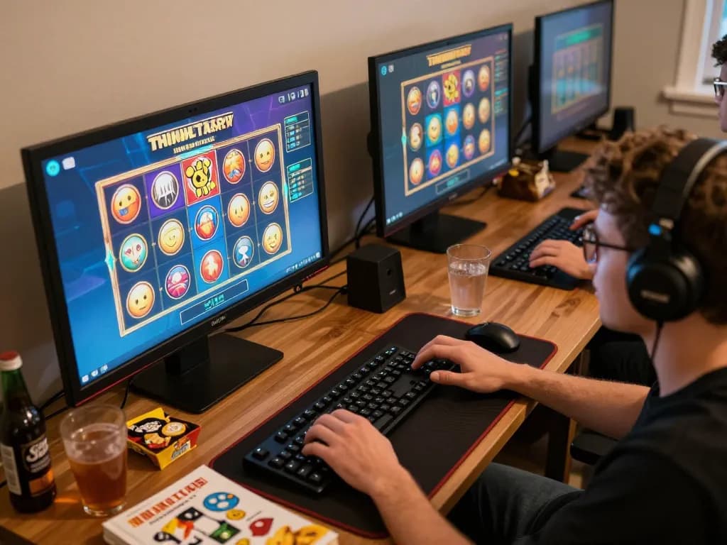 Engaging in online gameplay for slot bonus wins with snacks and a strategy book nearby.