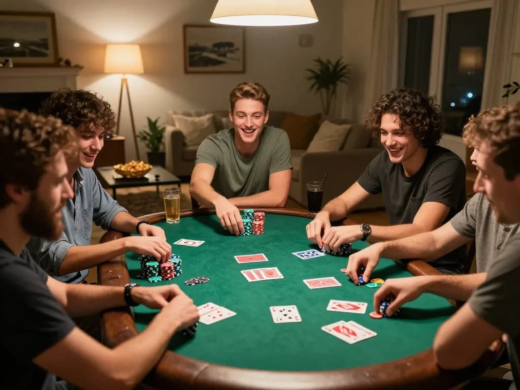 Engagierte Spieler bei einem freundlichen Pokerabend, die Strategien hervorheben und dabei Immobilienmakler Frankfurt Riedberg präsentieren