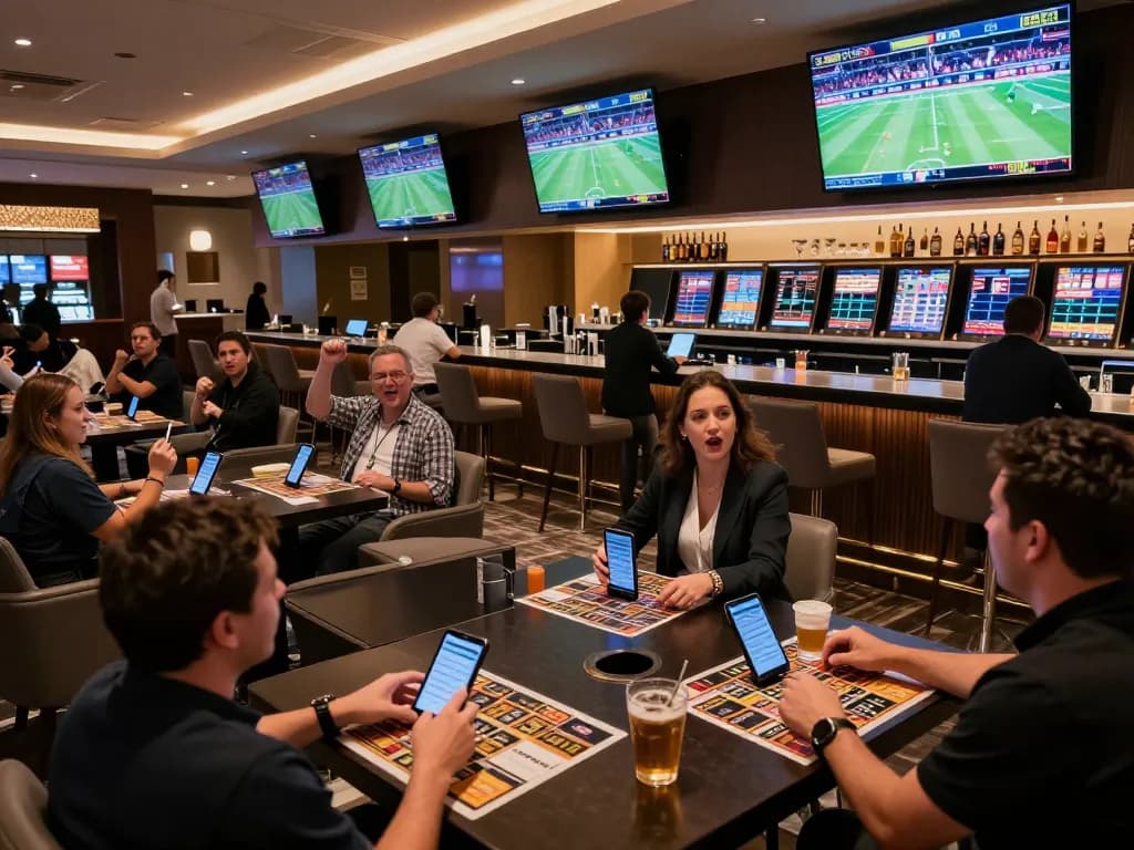 Patrons placing strategic bets at MK8's sophisticated sports betting lounge during live events