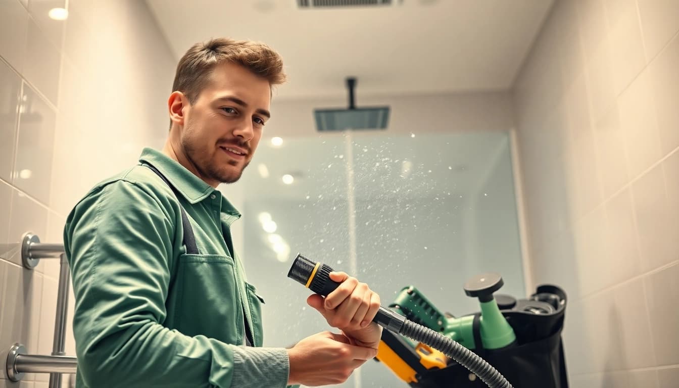 Professioneller Klempner bietet effizient Sanitär Notdienst in modernem Badezimmer an.