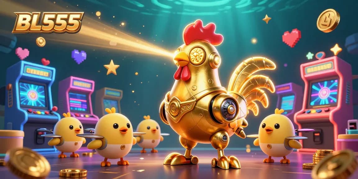 Engage with BL555's thrilling adventure, featuring a dynamic golden rooster robot and arcade casino elements.