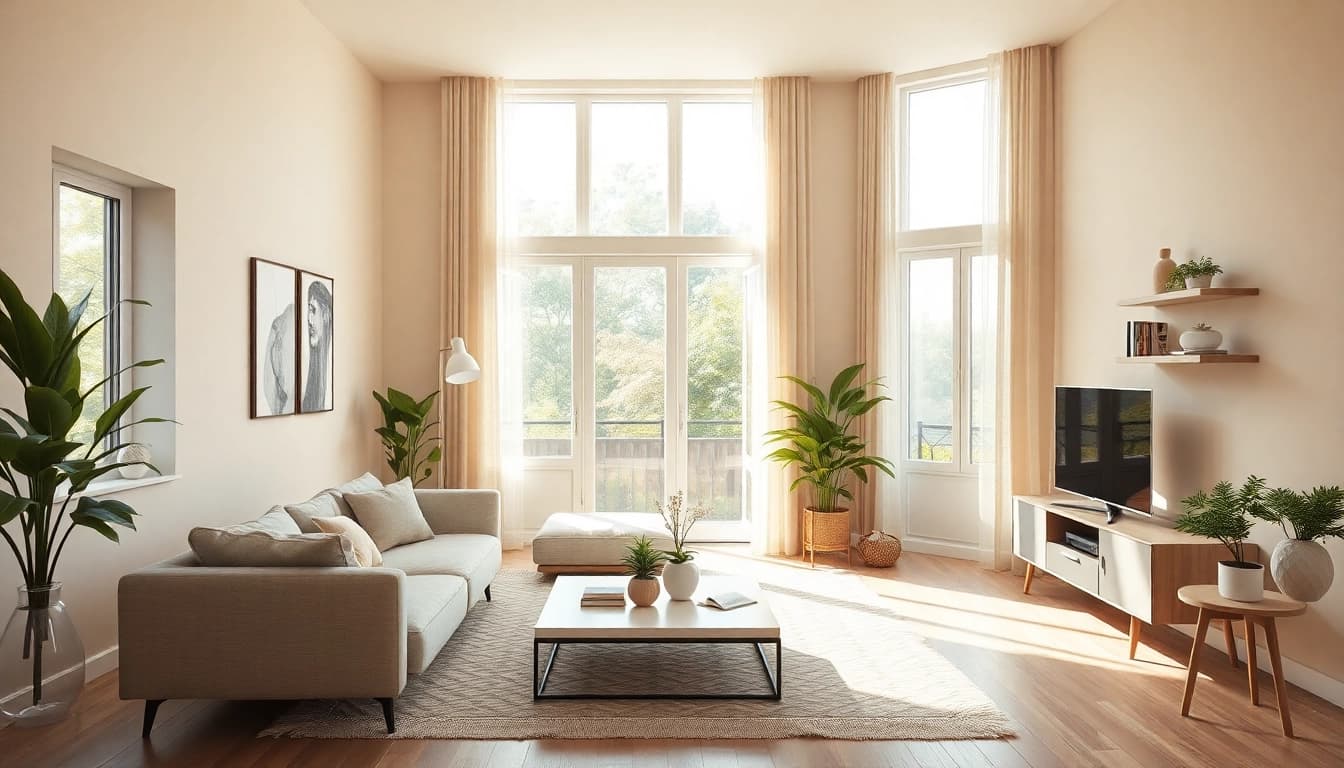 Raumgestaltung mit modernem Wohnraum, lichtdurchflutet und einladend gestaltet.