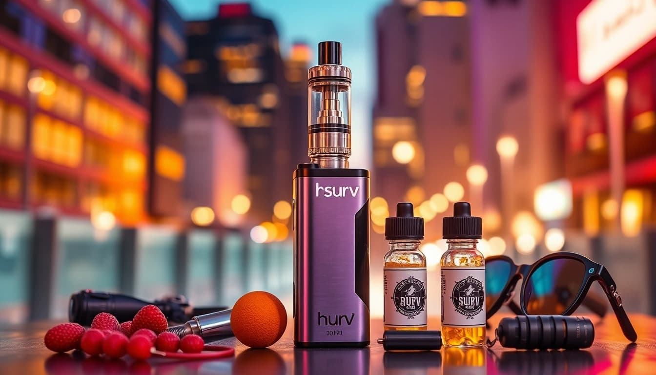 Benutzer mit hqd surv Vape Gerät und Aromaflaschen in stylischem Ambiente.