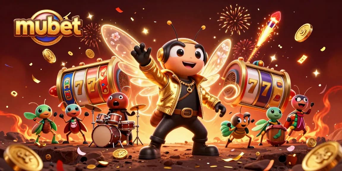 Play exciting games at mubet with vibrant 3D characters and slot reels brightening the scene.