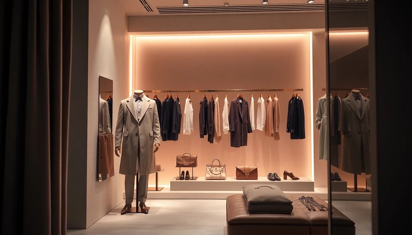 Admire the elegant collection displayed at Alvionz luxury fashion boutique.